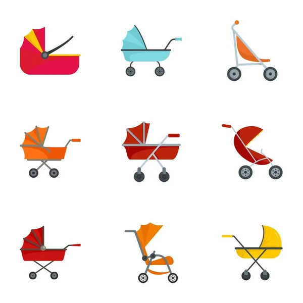 Conjunto de iconos de cochecito Pram, estilo plano — Vector de stock