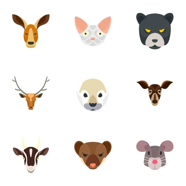 Animal head icon set, flat style — Stock Vector