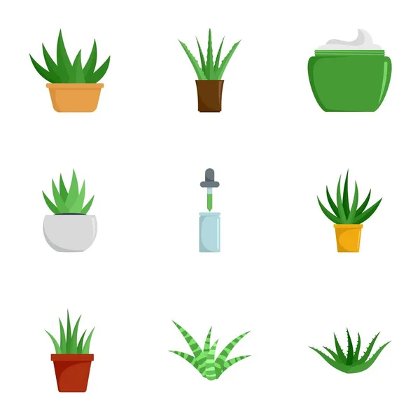 Aloe Vera Pflanze Icon Set, flacher Stil — Stockvektor