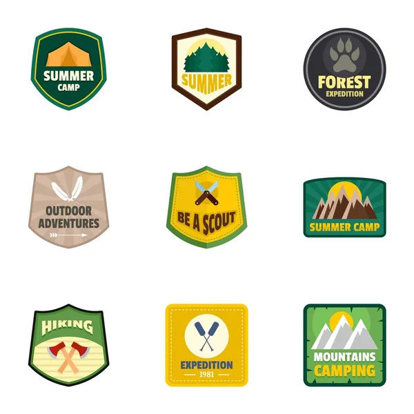 Floresta acampamento logotipo emblema conjunto, estilo plano — Vetor de Stock