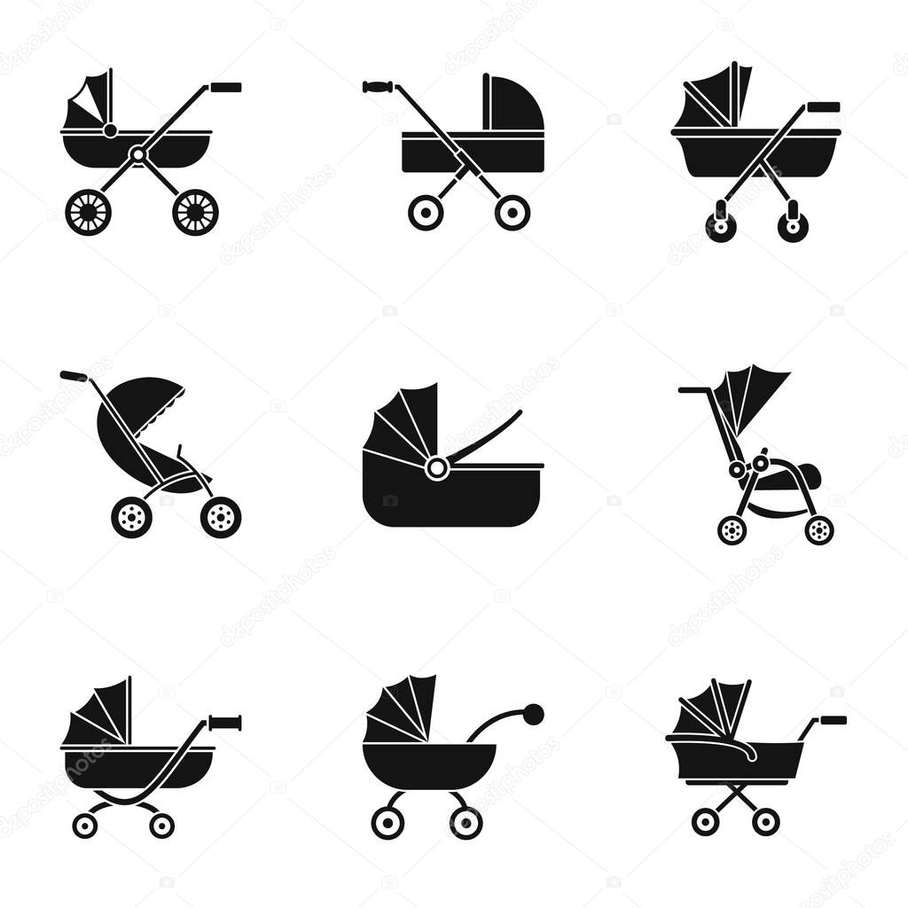 Baby stroller icon set, simple style