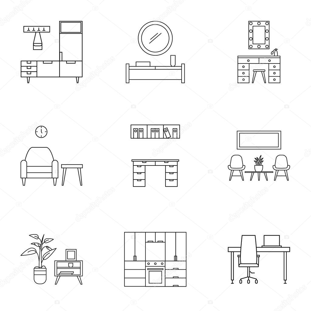 House furniture icon set, outline style