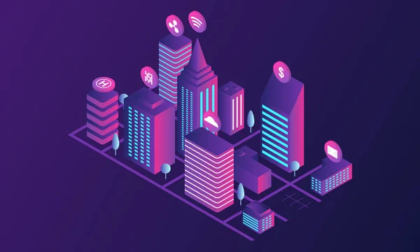 Banner de concepto de ciudad futurista, estilo isométrico — Archivo Imágenes Vectoriales