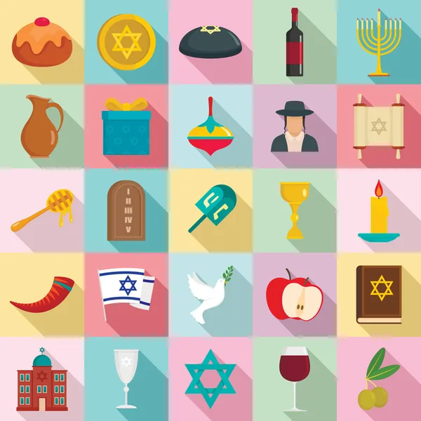 Conjunto de ícones hanukkah feliz, estilo plano —  Vetores de Stock