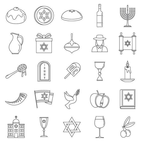 Hanukkah conjunto de iconos de vacaciones, estilo de esquema — Vector de stock