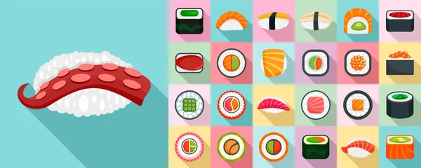 Sushi Roll Icon Set, flacher Stil — Stockvektor