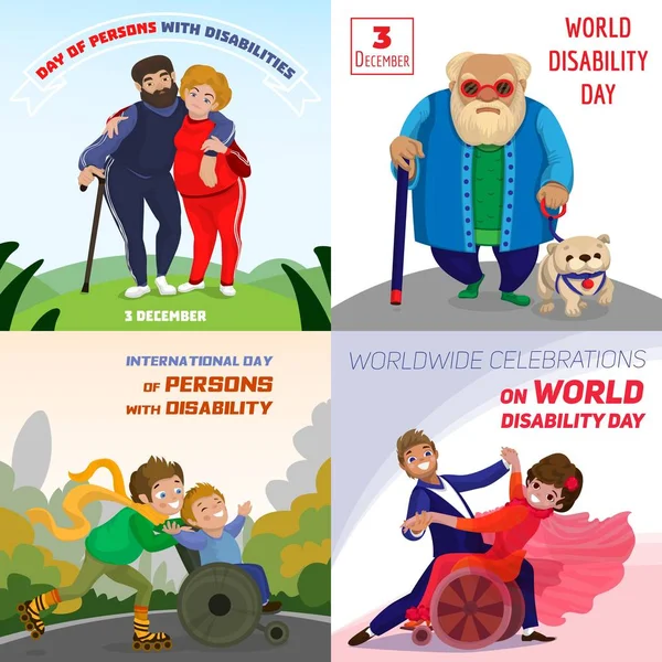 Dag personen een handicap banner set, cartoon stijl — Stockvector