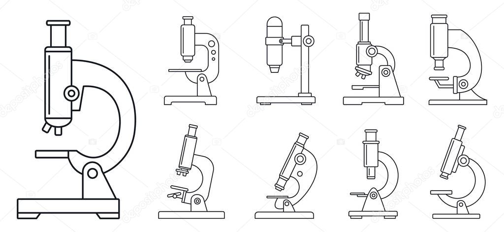 Biology microscope icon set, outline style