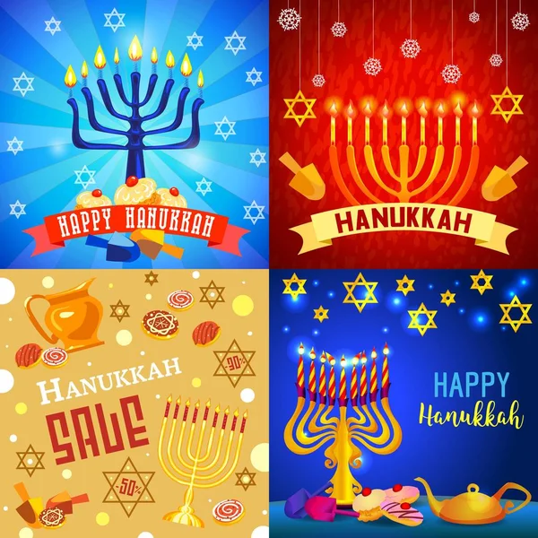 Conjunto Pancartas Hanukkah Dibujos Animados Ilustración Hanukkah Vector Banner Conjunto — Vector de stock