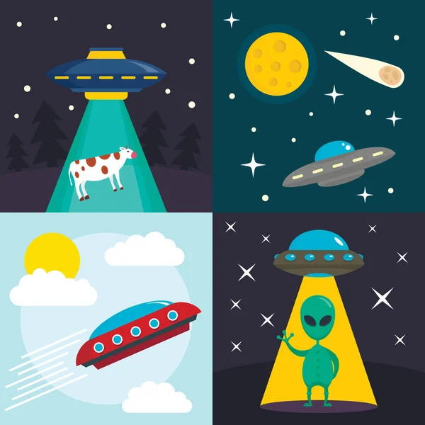 Espaço UFO banner set, estilo plano — Vetor de Stock