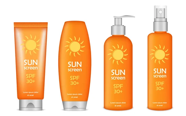 Sunscreen icon set, realistic style — Stock Vector