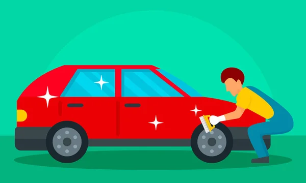 Az ember mossa piros autó koncepció háttér, lapos stílusú — Stock Vector