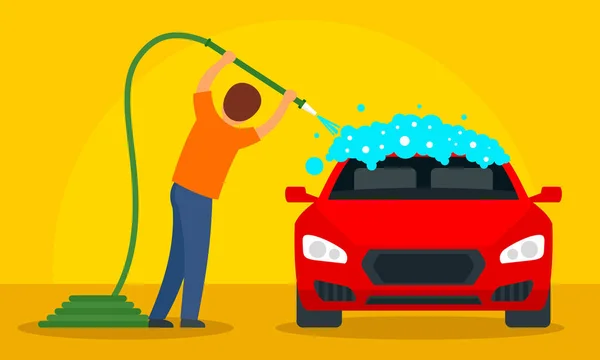 Mann waschen Auto Konzept Hintergrund, flachen Stil — Stockvektor
