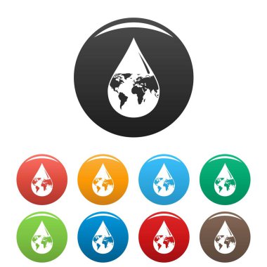 Earth water drop icons set color clipart