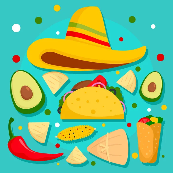 Sombrero mexicano conceito de comida fundo, estilo plano — Vetor de Stock
