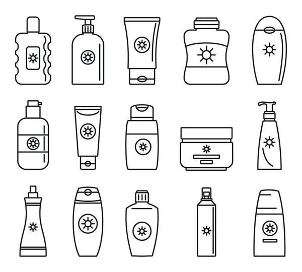 Ochrony przeciwsłonecznej butelki zestaw ikon, styl konturu — Wektor stockowy