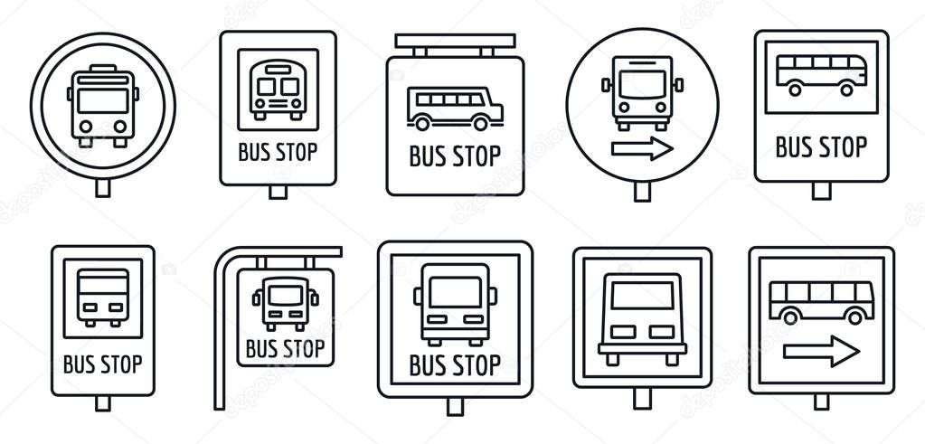 City bus stop sign icon set, outline style