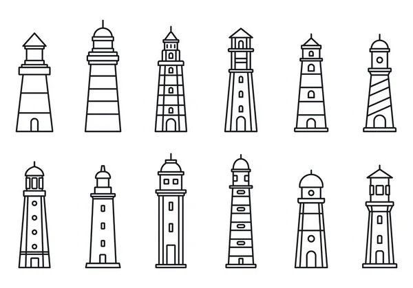 Meer Leuchtturm Icon Set, Umriss Stil — Stockvektor