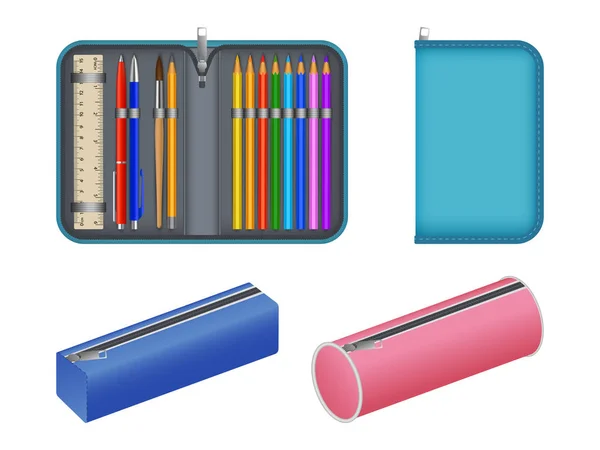 Pencil case icons set, realistic style — Stock Vector