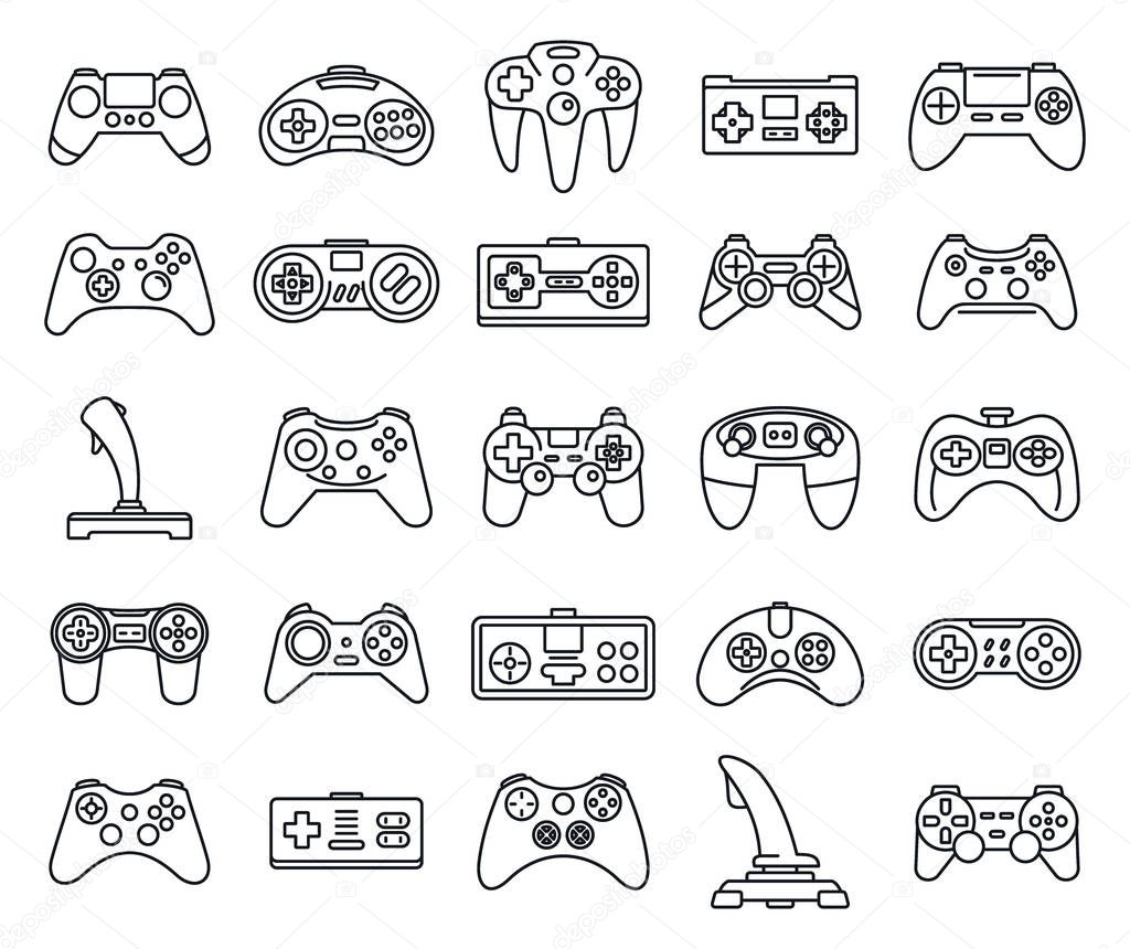 Gaming joystick icons set, outline style