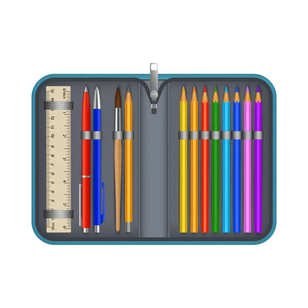 Icône de boîte à crayons colorée, style réaliste — Image vectorielle