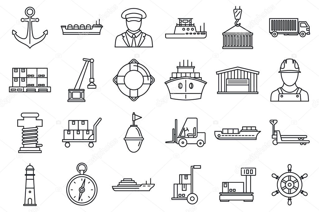 Marine port transport icons set, outline style