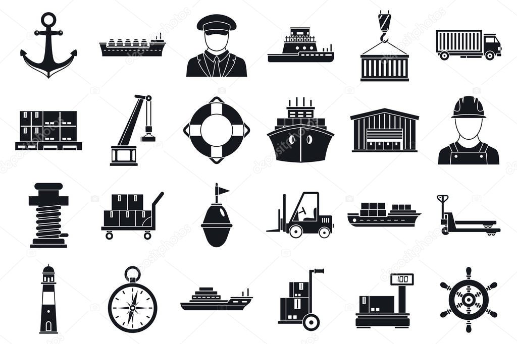 Marine port transport icons set, simple style