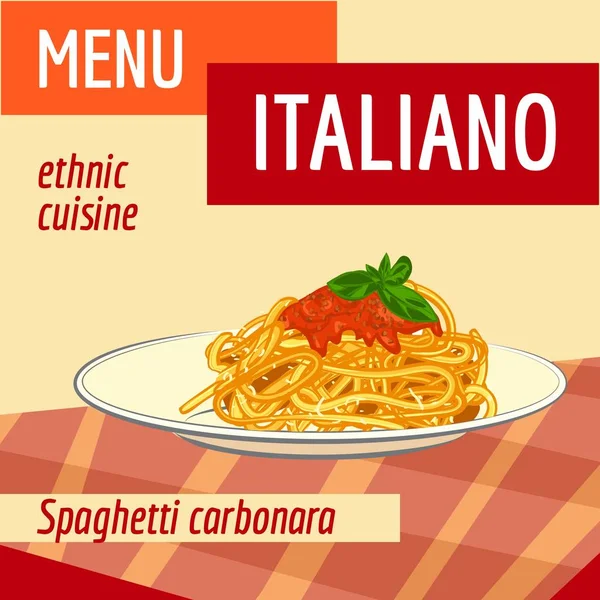 Spaghetti Carbonara Konzept Hintergrund, Cartoon-Stil — Stockvektor