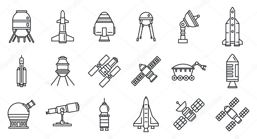 Planet space research technology icons set, outline style