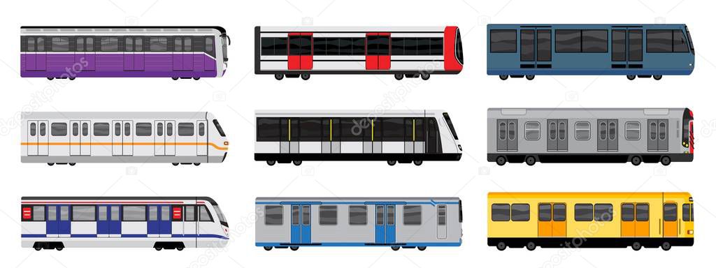 Subway train icons set, cartoon style