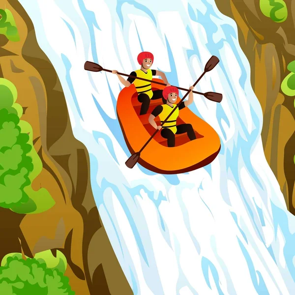 Amigos rafting en las montañas concepto de fondo, estilo de dibujos animados — Vector de stock