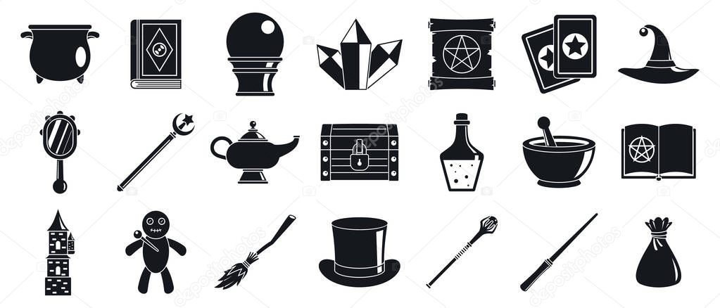 Magician wizard tools icons set, simple style