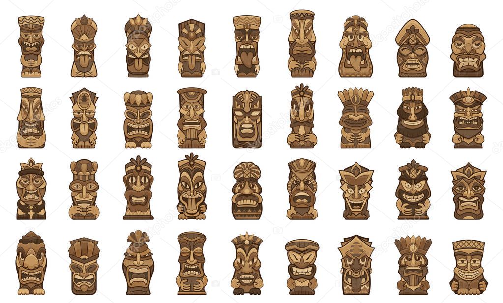 Tiki idols icons set, cartoon style