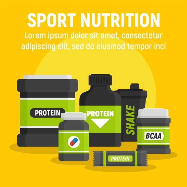 Producto deporte nutrición concepto fondo, estilo plano — Vector de stock