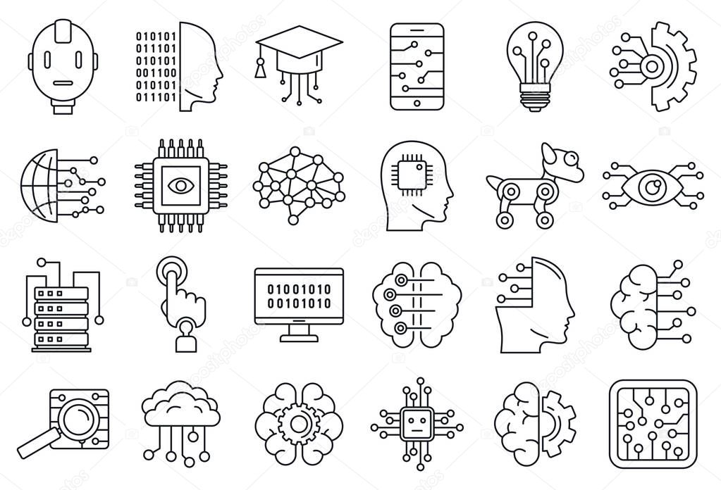 Artificial intelligence system icons set, outline style