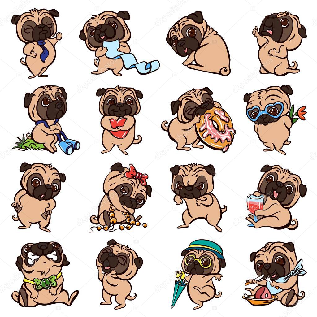 Pug icons set, cartoon style