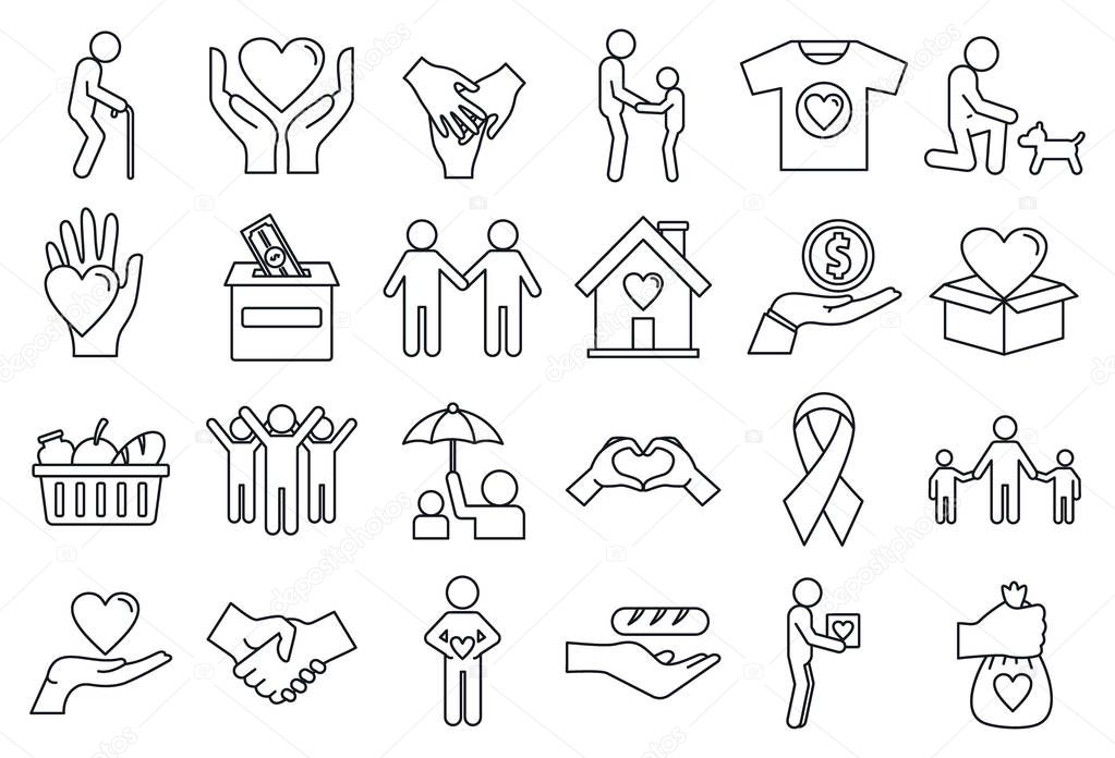 Volunteering charity icons set, outline style