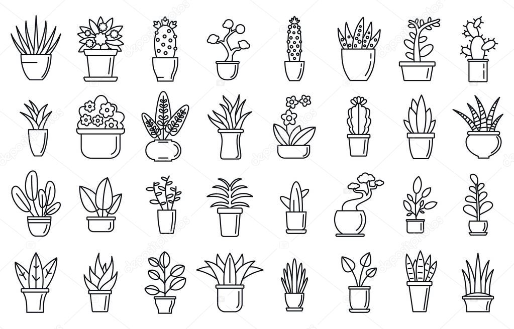 Houseplants flower icons set, outline style