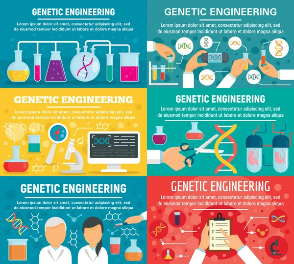 Conjunto de banner de ingeniería genética, estilo plano — Vector de stock
