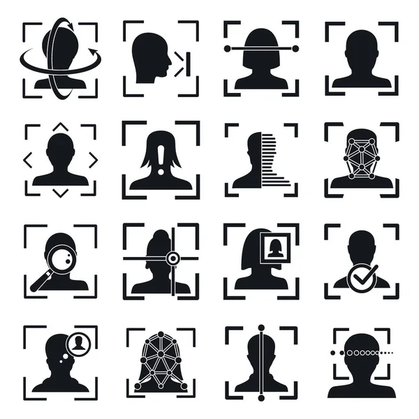 Zestaw ikon identyfikatorów systemu rozpoznawania twarzy, prosty styl — Wektor stockowy