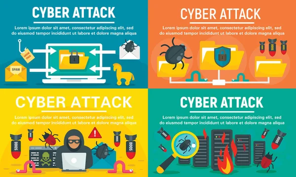 Современный набор баннеров кибератаки, плоский стиль — стоковый вектор