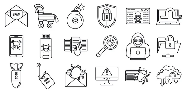 Cyber attack bug icons set, outline style — Stock Vector