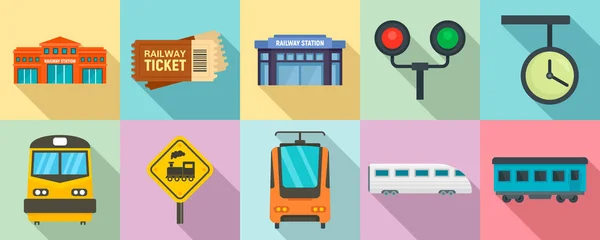 Vasúti állomás ikonok készlet, lapos stílusú — Stock Vector