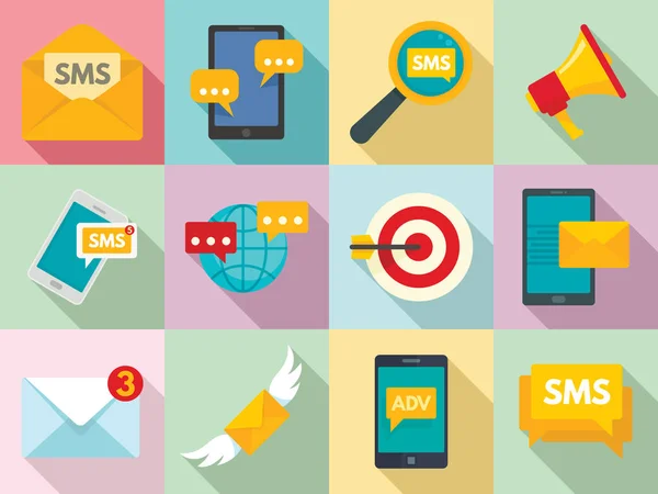 SMS Marketing icons set, platte stijl — Stockvector