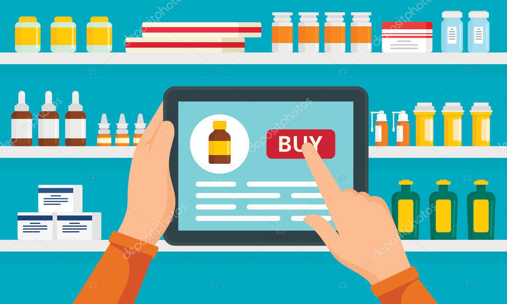 Online pharmacy concept background, flat style