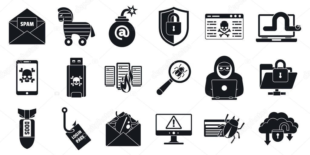 Cyber attack virus icons set, simple style