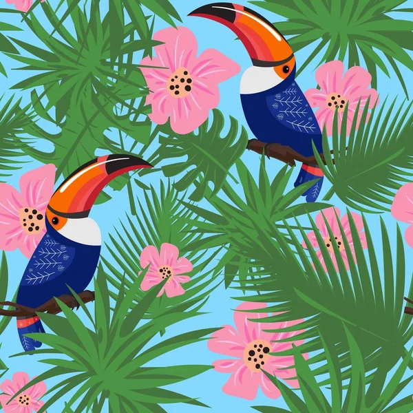 Exotic toucan and flowers pattern, cartoon style