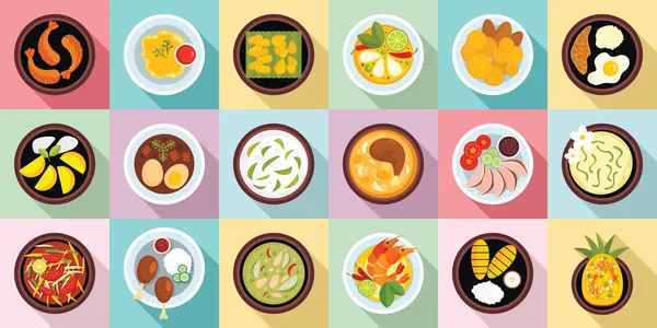 Set de iconos de comida tailandesa, estilo plano — Vector de stock