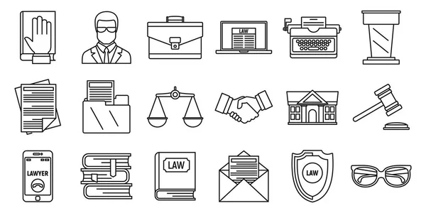 Conjunto de iconos de justicia de abogado, estilo de esquema — Archivo Imágenes Vectoriales