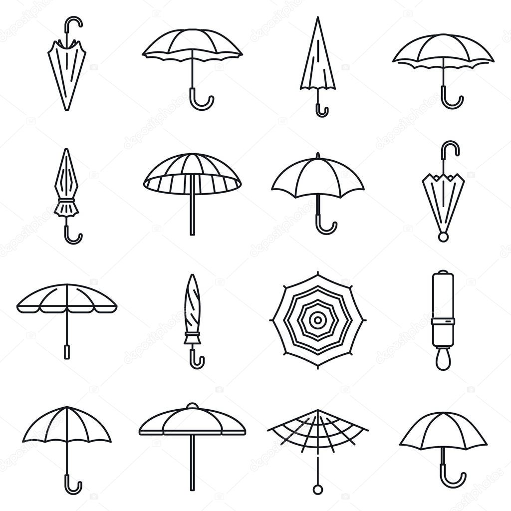 Rain umbrella icons set, outline style